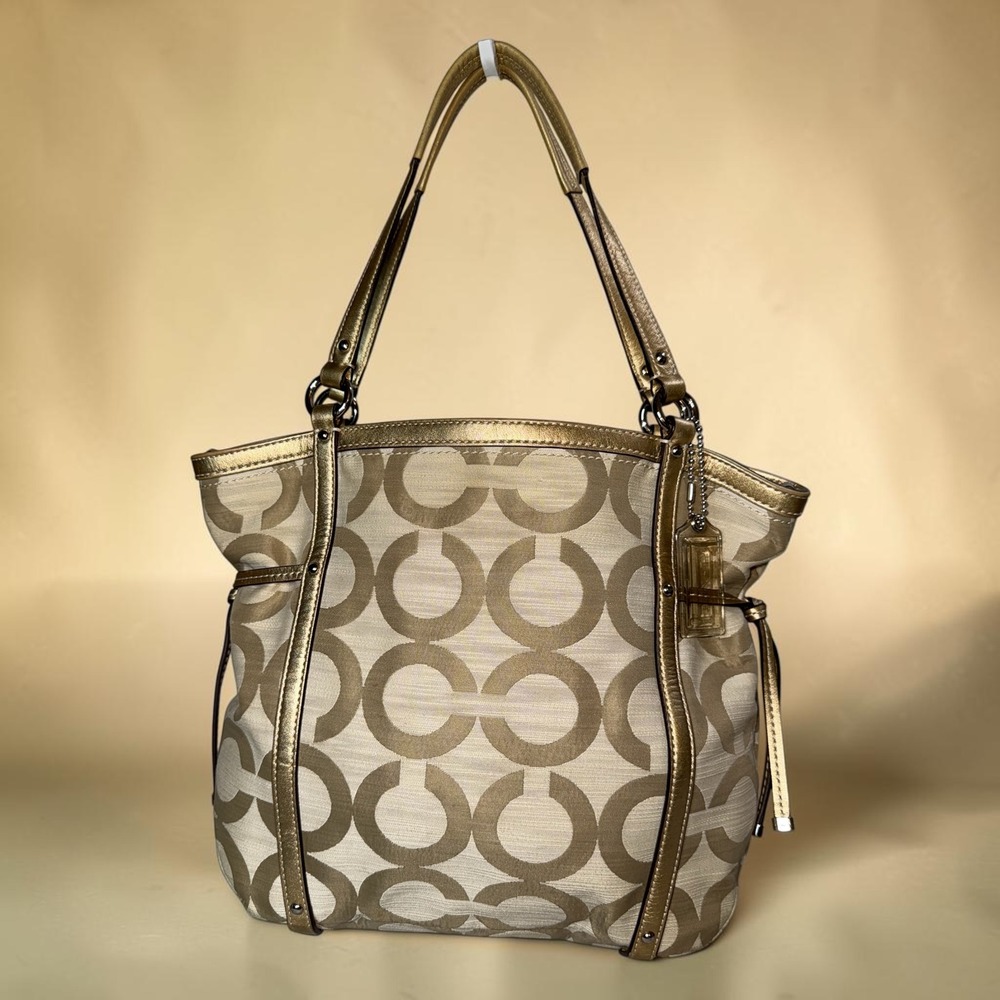 Coach Audrey Op Art Shantung Tote 19572 Beige Gold Metallic Leather Shoulder Bag